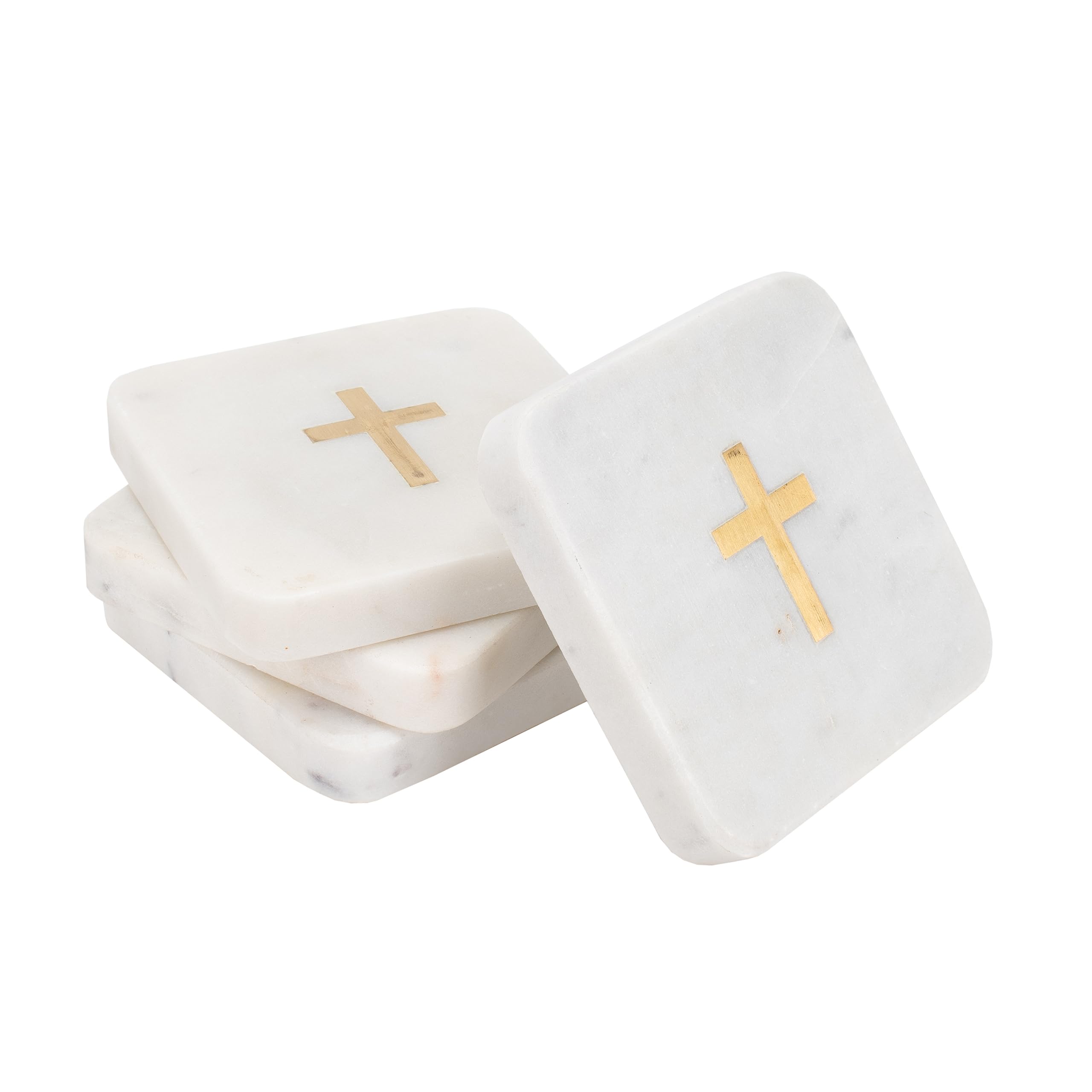 The Royal StandardCross Design Classy White 4 x 4 Marble and Brass Coasters