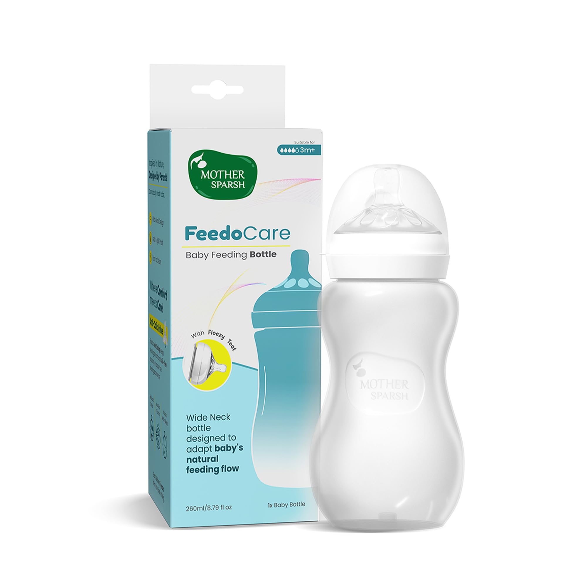 Mother Sparsh FeedoCare 260ml Wide Neck Baby Feeding Bottle | Ideal for 3 Months+ | Breast Feeding Like Natural Feeding Flow | with Floezy Teat- Releases Milk only When Baby Drinks-image-20