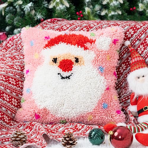 Image of Beyond Your Thoughts Christmas Latch Hook Kits DIY Pink Throw Pillow Cover Cute Santa with Color Pattern Printed for Kids Adults Beginners Family Decoration 16.5 * 16.5 inches BZ2403