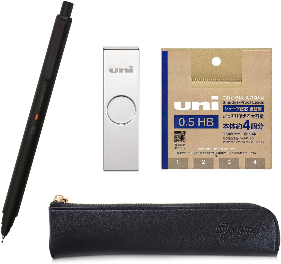 Kuru Toga Metal 0.5mm Nocturne Black, Uni Metal Case + Uni Refill 0.5mm HB, Black slim pen case