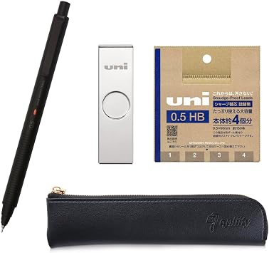 Kuru Toga Metal 0.5mm Nocturne Black, Uni Metal Case + Uni Refill 0.5mm HB, Black slim pen case