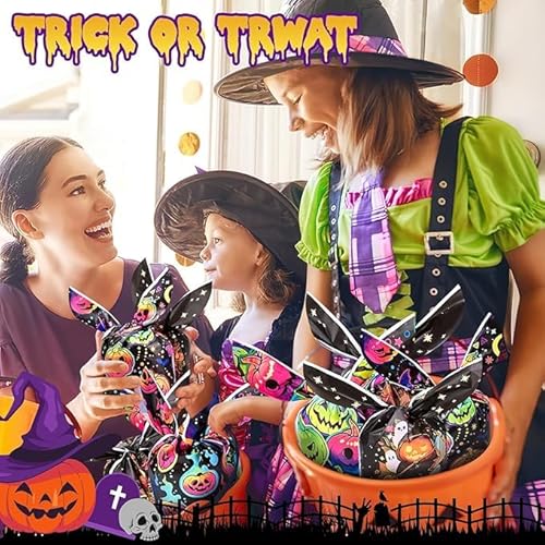 اكياس حلوى للهالوين، 100 قطعة، اكياس خدعة او حلوى للاطفال، اكياس حلوى، اكياس حلوى بلاستيكية صغيرة بنمط شبح اليقطين، اكياس هدايا لمستلزمات ديكور حفلات الهالوين، خليط ألوان