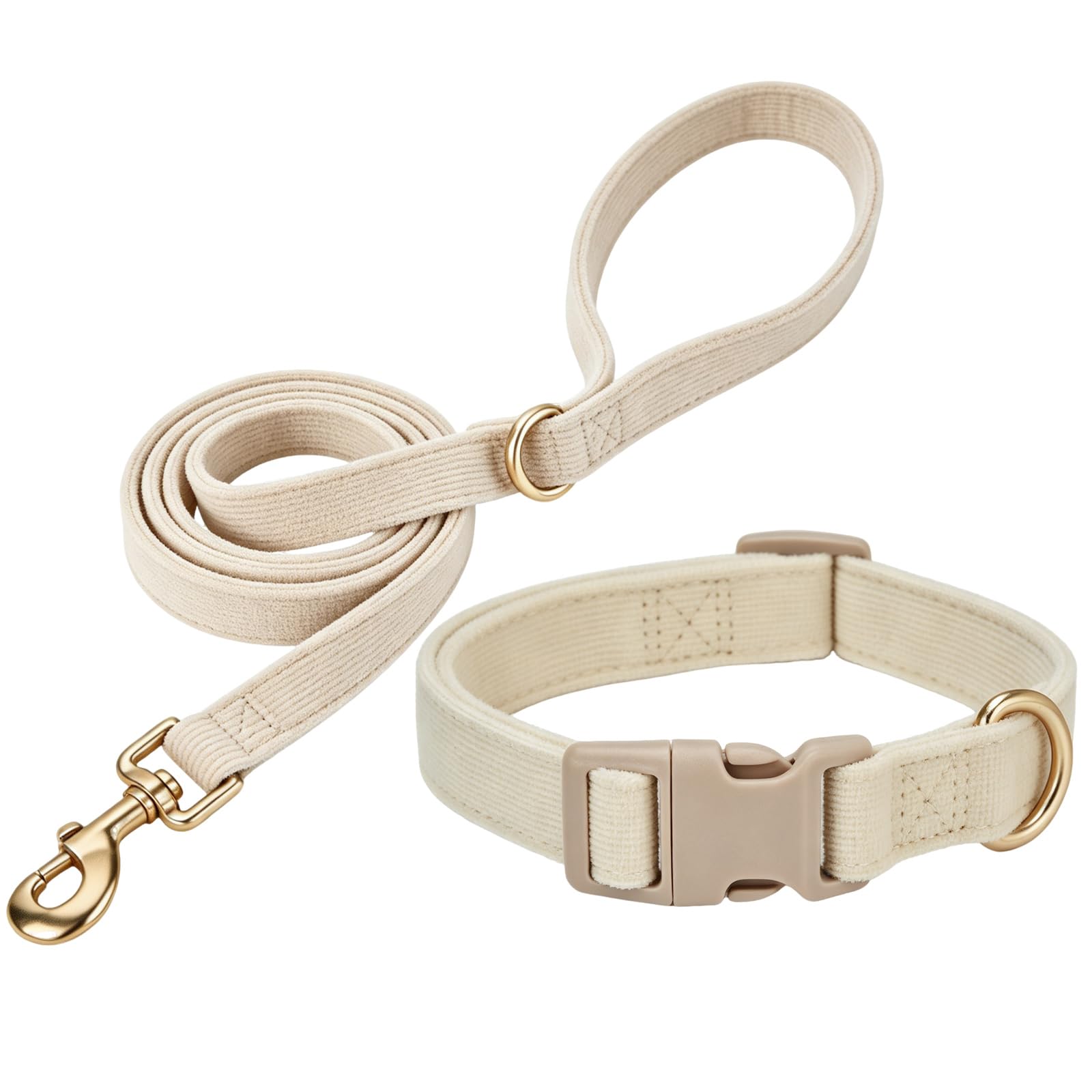 Petiry Corduroy Dog Collar and Leash Set - Crisp, Clean & Matching for Small Dogs, Adjustable with Secure Buckle,White,S