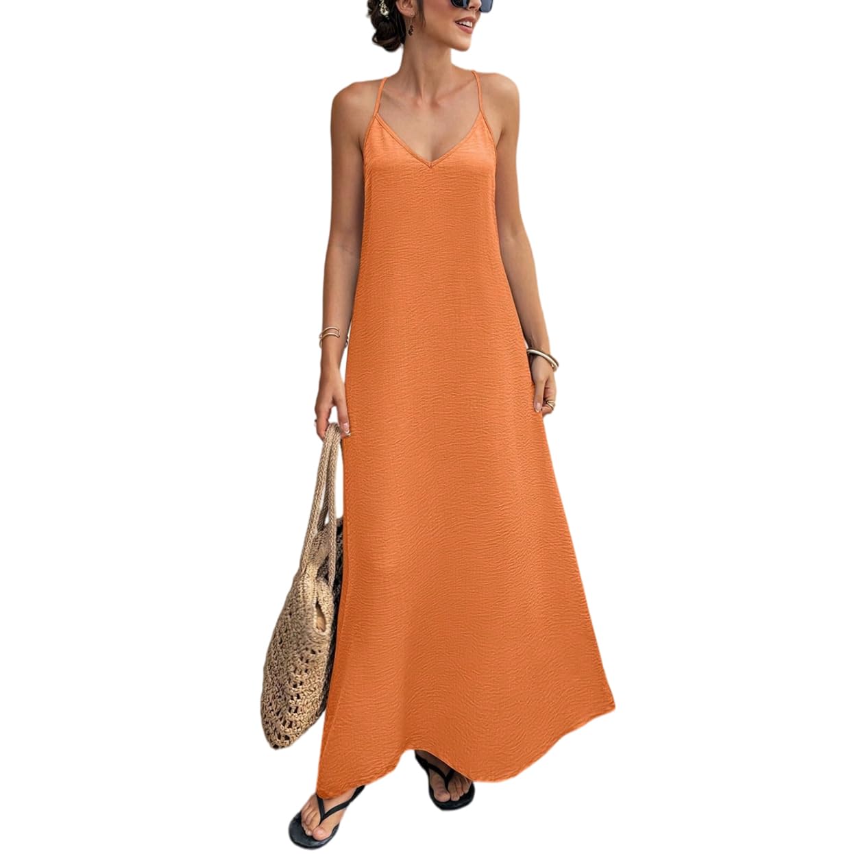 Abiti Lungo Donna Senza Schienale Scollo all'Americana Decorato Perline Stile Boho Svolazzante Estivo Spiaggia Spalline A T Casual Ampio Senza Maniche Vacanze.