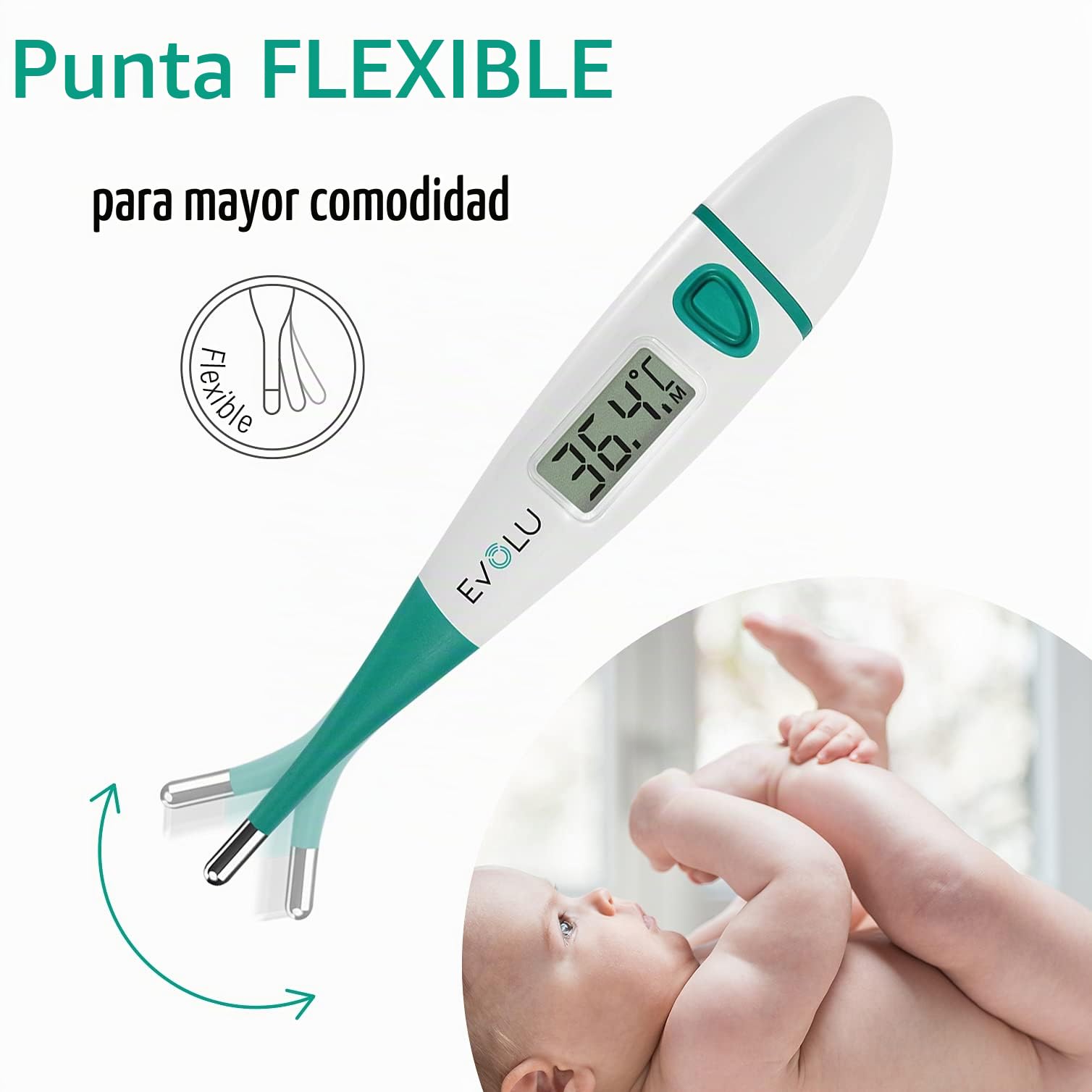 Evolu Termómetro digital - Mide la temperatura oral, rectal o axilar en 10 segundos - Punta flexible - Para bebés, niños, adultos - Exactitud hasta 0,1°C Pantalla de fácil lectura con funda
