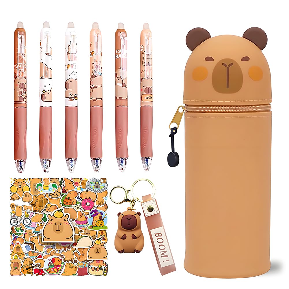 CYGMRFH Capybara Silicone Pencil Cartoon Animals Foldable 2-in-1 Pouch Set with 6 Retractable Pens Keychain and Stickers Pen Holder with Keychain Pen Stickers Study Supplies Gift