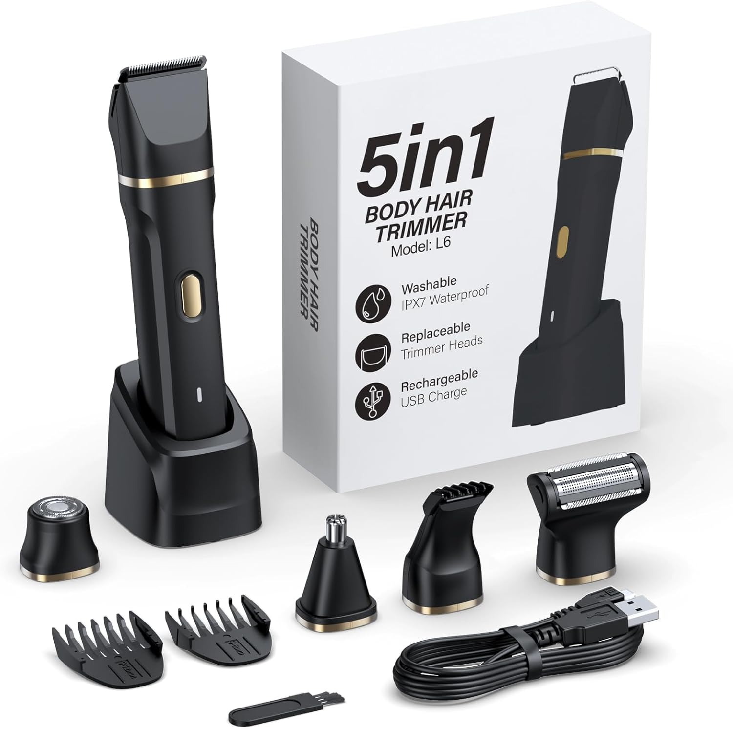 5-in-1 Bikini Trimmer for Women, IPX7 Waterproof Electric Razors Shaver, Cordless Body Hair Trimmer, Facial & Pubic Hair Removal, Ceramic Blade (Black) - Image 9