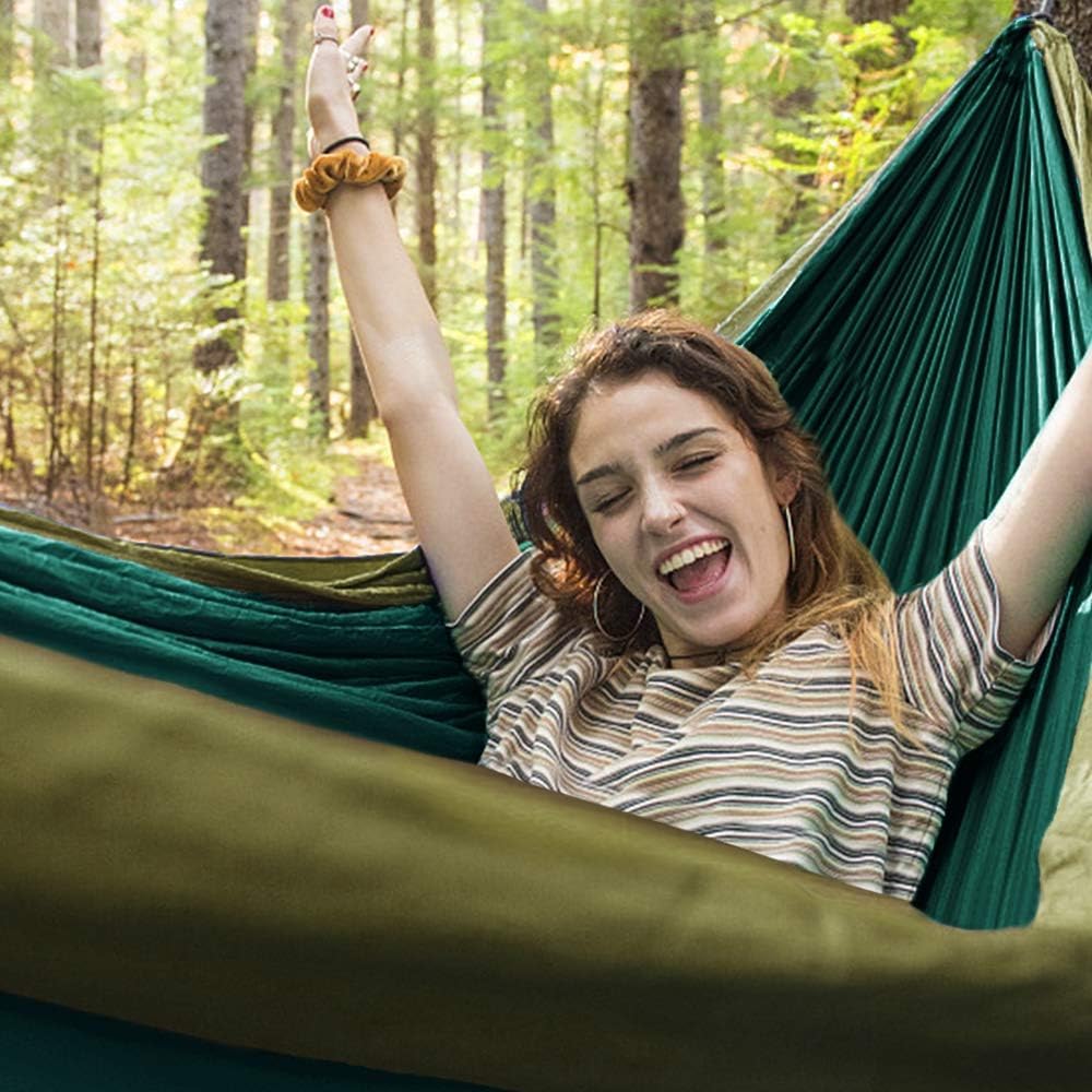 Hamaca de camping, hamacas para exteriores para 2 personas, 300 kg, capacidad de carga 275 x 140 cm, material de paracaídas de nailon, ultraligera, transpirable, hamaca de viaje para jardín y playa al