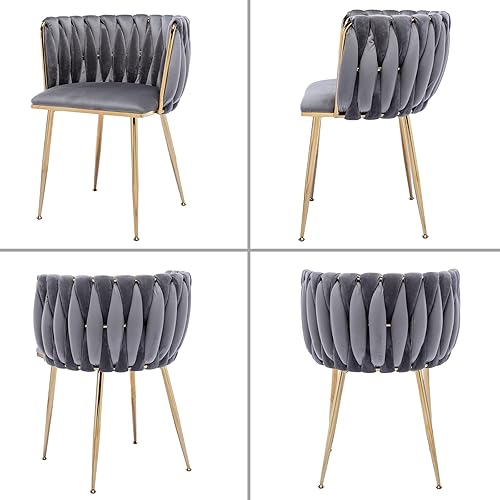 Miniatura 17 de Homtique Juego de 2 sillas de comedor modernas de terciopelo tejido con patas de metal dorado, sillón tapizado de lujo para cocina, tocador, sala de