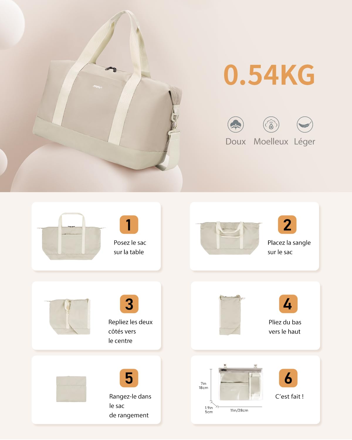 ECOHUB Bagage Cabine Pliable 30L, 45x36x20 Easyjet, à Main avec Poche Humide Amovible, Sac de Voyage Weekend pour Femmes Hommes, d'Hôpital, Brevet en Cours (Beige)