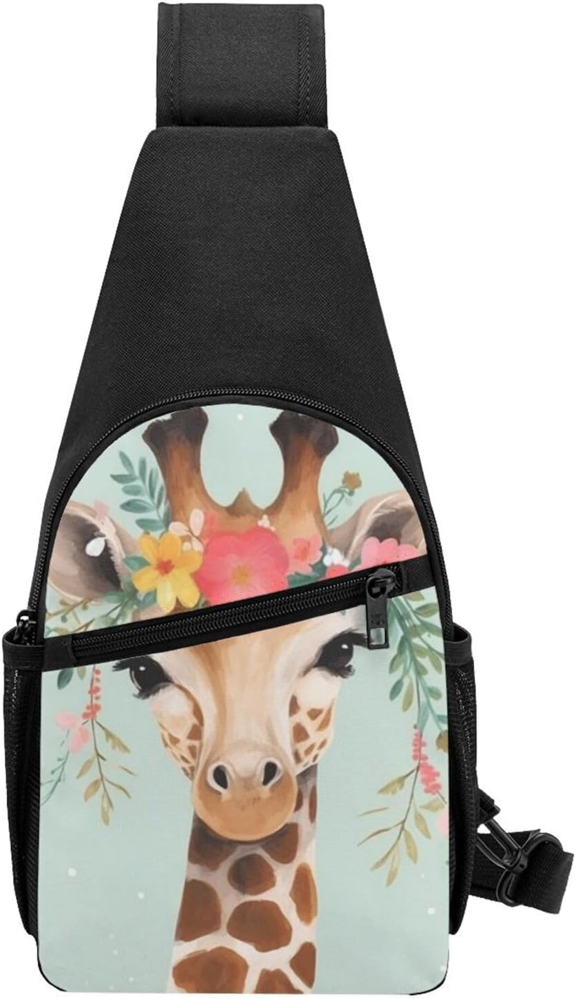 Sling Bag for Women Men Crossbody Shoulder Bag Giraffe with Floral Chest Bag Small Sling Backpack Daypack Fanny Packs