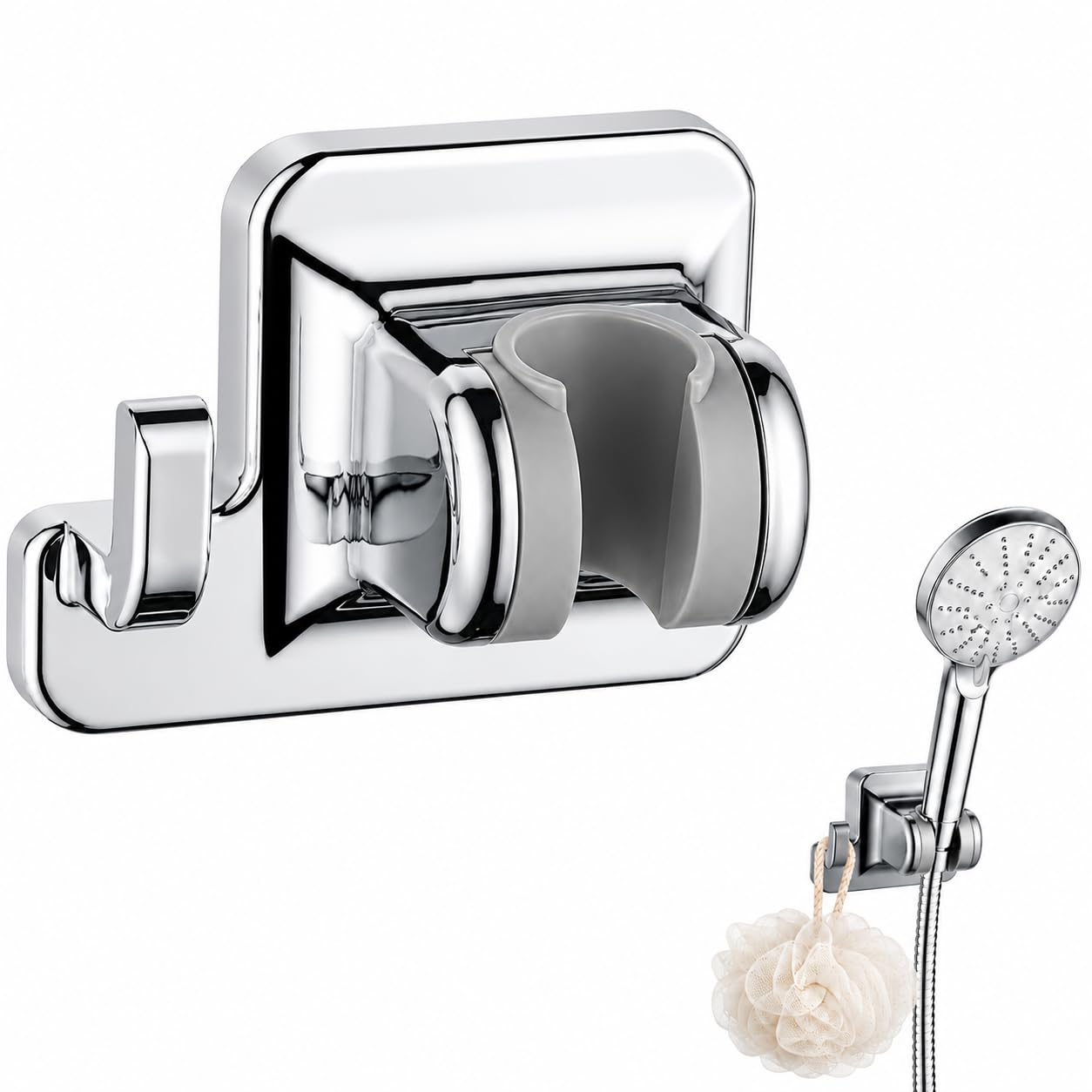 Shower Head Holder, 45° Rotatable No Drill Wall Mount Bracket with Hook