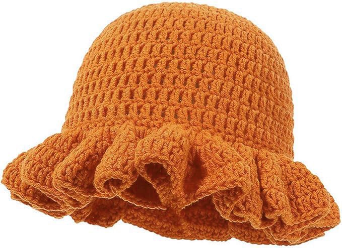 Ahouws Crochet Bucket Hat Women Trendy Knit Floppy Cap Cute Boho Handmade Beanies Outdoor Boho Travel Fishing Hat (US Numeric 7 7 1/4 Orange)