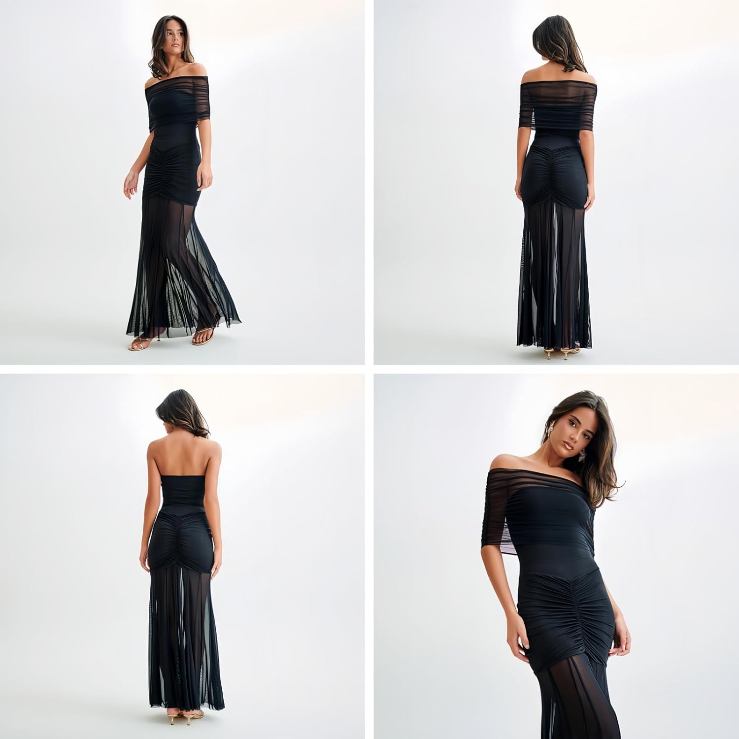 ZGMYC Women's Sexy Sheer Mesh Off Shoulder Maxi Dress Elegant Ruched Flowy Bodycon Long Dress Party Vacation Dresses - Image 4