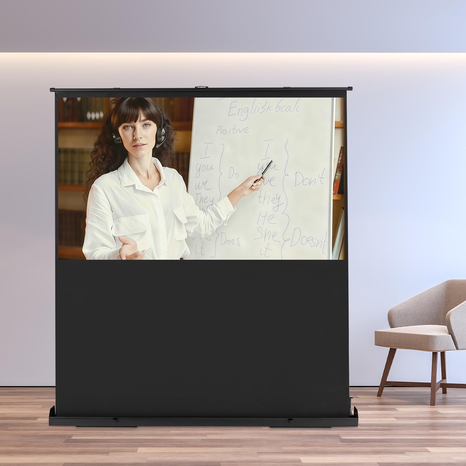 Écran de projection 80 pouces 16:9, mobile, business et home cinéma, vidéoprojecteur portable 4K et 8K Ultra Pull-up HD Projecteur au sol Écran avec support, réglable pour présentation home cinéma