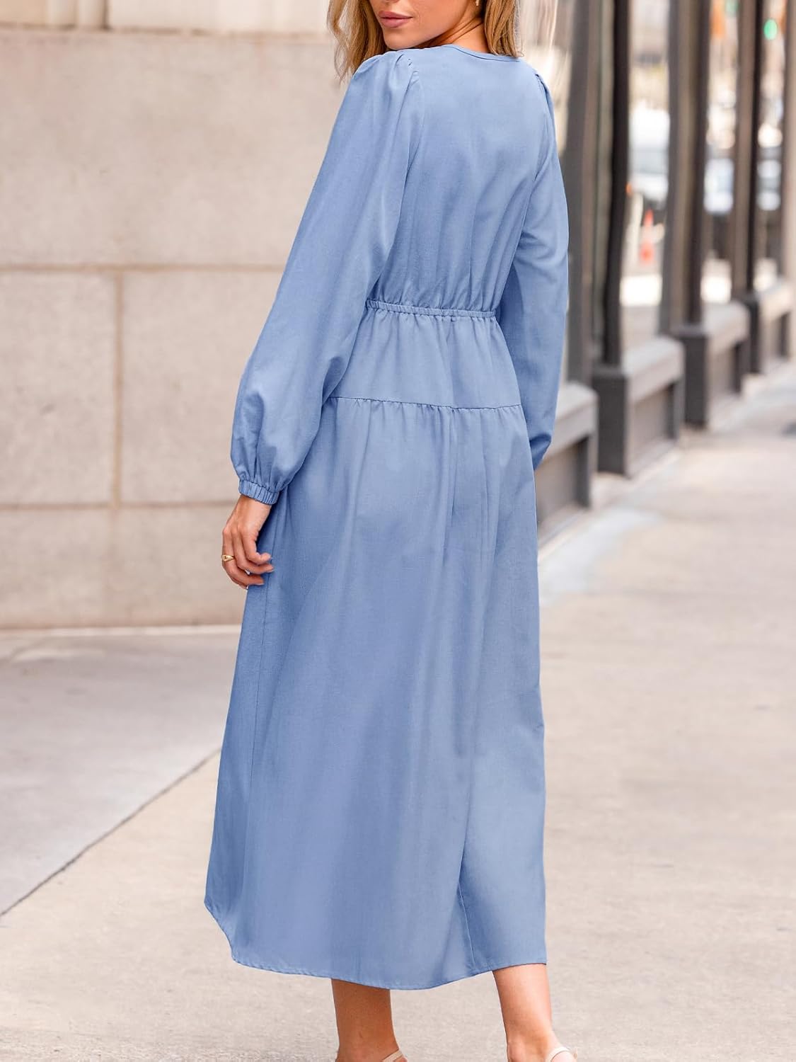 CUPSHE Women's Fall Wedding Guest Dress V Neck Long Sleeve Drawstring Ruffled Casual Flowy Elegant Party Maxi Dresses - Image 3