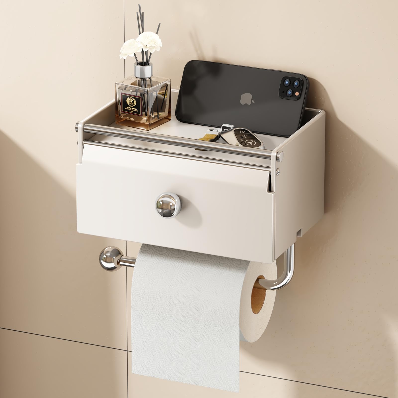 Photo 1 of Voldra Toilet Paper Holder with Shelf, Flushable Wipes Dispenser for Bathroom, Adhesive Toilet Paper Roll Holder with Storage Wall Mount Stick On Bathroom Tissue Holder Front Flip Design (Matte White)