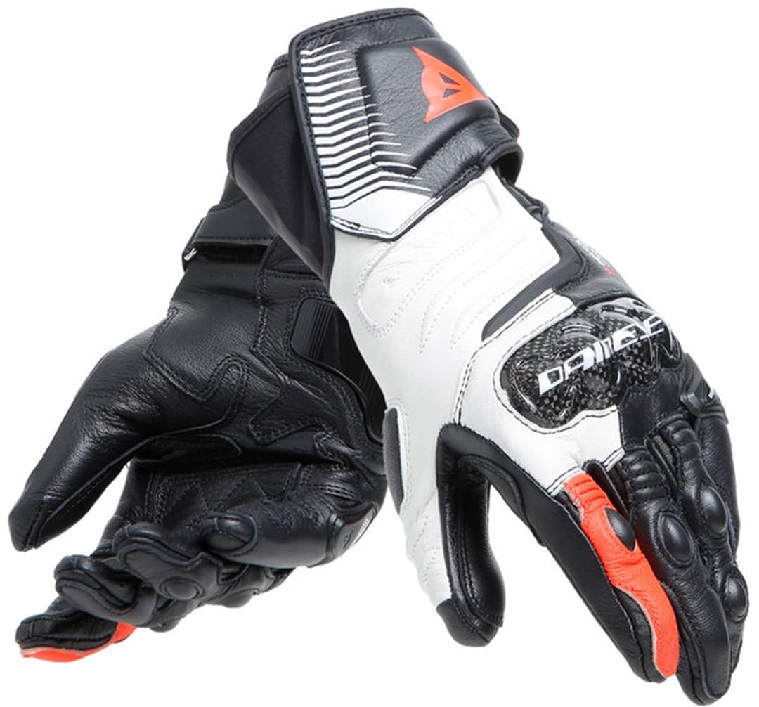 DAINESE - Carbon 4 Long Lady Gloves, Long Sport Motorcycle Gloves, in Sheep Leather with Carbon Knuckle Protectors, Woman, Black/White/Fluo-Red, XL