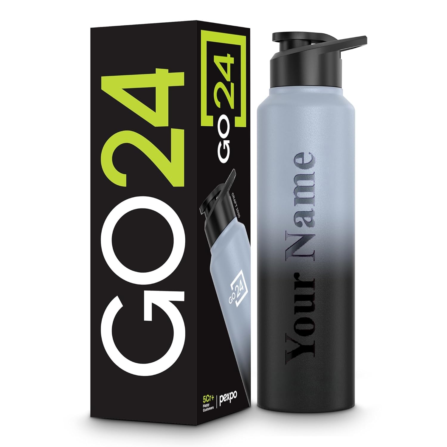 Go24 pexpo Customisable Water Bottle 1 ltr Go24 Stainless Steel Sports/Fridge Bottle with Sipper Cap | Single Wall | For Home, Office, Gym, Travelling | Lightweight | Craft Pro 950ml | Grey - Black