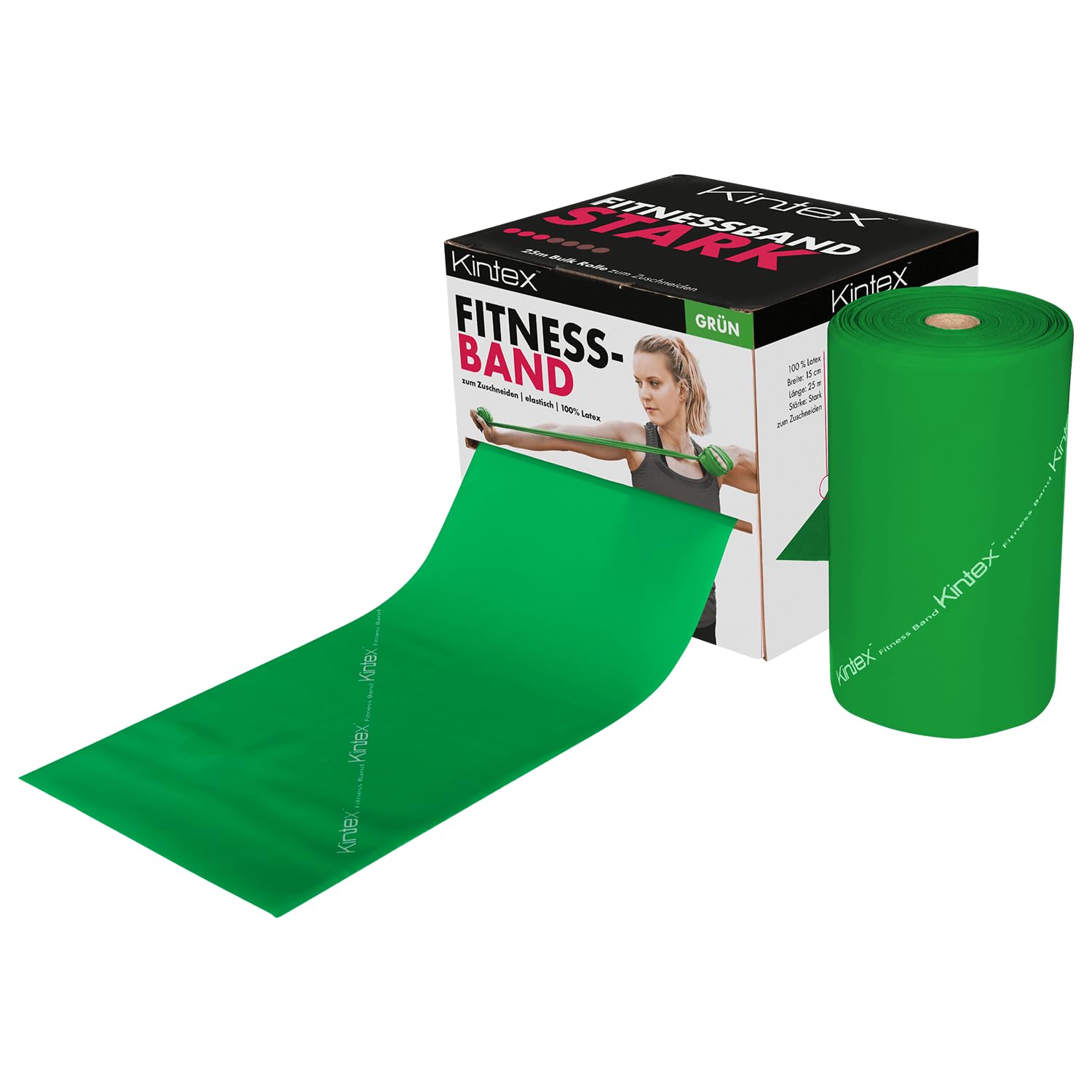Kintex Banda de Fitness, Rollo de 25 m x 15 cm, Cinta de Gimnasia en 5 resistencias, 100% látex, Cinta de Entrenamiento para Cortar a Medida, Cinta de Resistencia