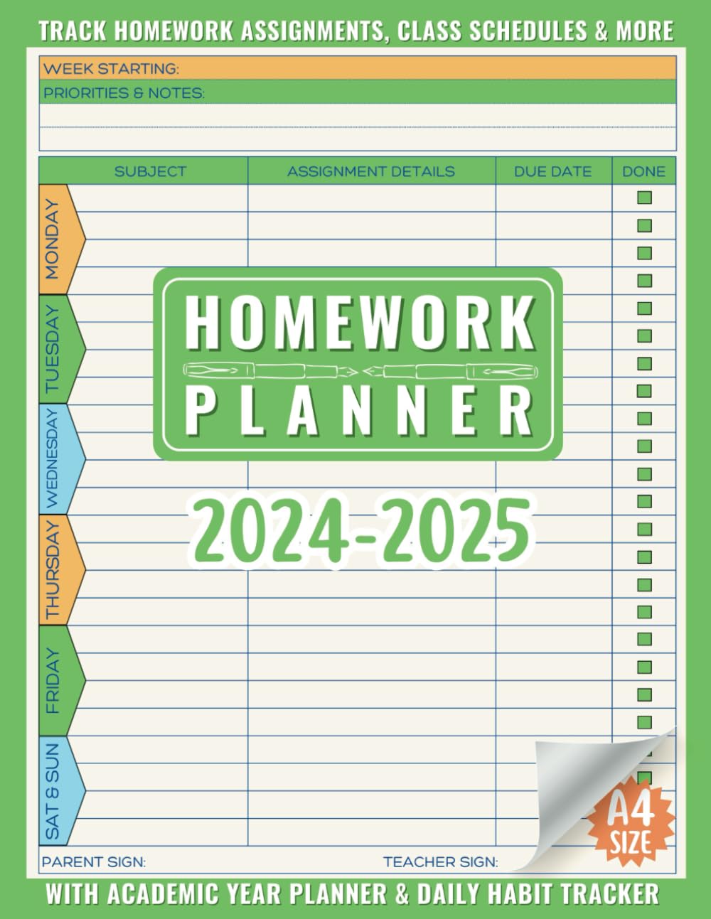 Homework Planner: Academic Year Student Assignment Tracker for Elementary, Middle, High School & College Kids with Class Schedules & More