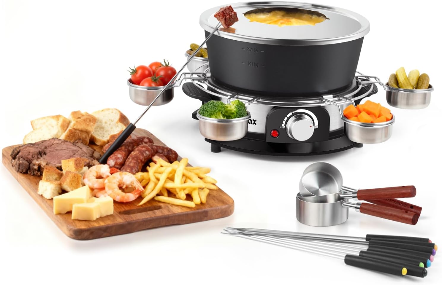 CUSIMAX 1300W 2L Electric Fondue Pot Set - Non-Stick, 8 Forks, 6 Cups, Removable Handle for Cheese Chocolate Fondue Parties