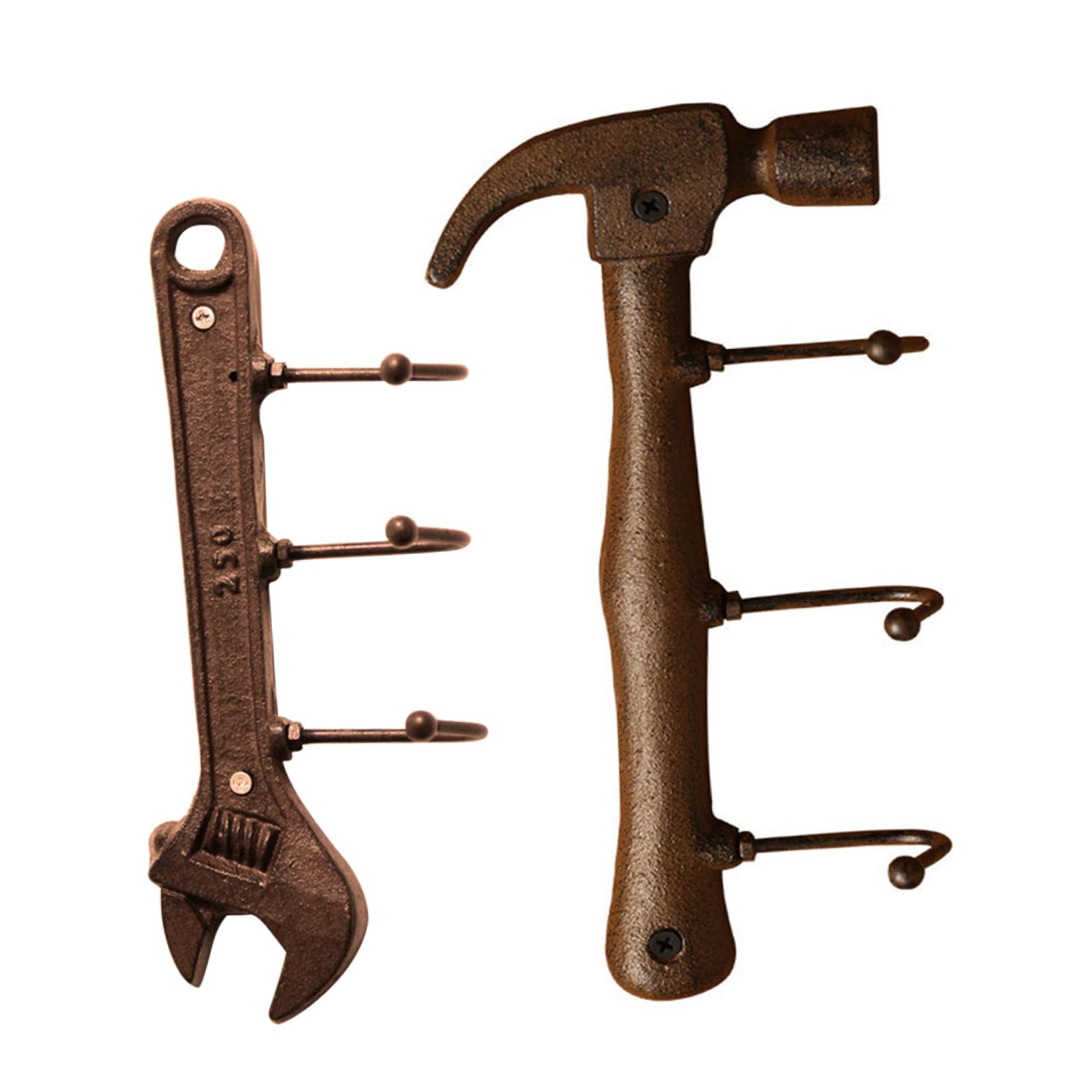Gancio a Parete in Ferro Stile Industriale Americano, Set da 2 Ganci Appendiabiti a Forma di Martello e Chiave Inglese, Portaoggetti Decorativo per Soggiorno Cucina Bagno Ufficio