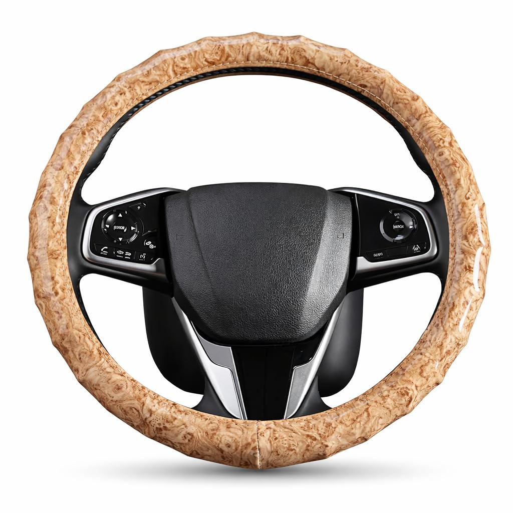 FGCNBHUY Luxury Wood Grain Leather Steering Wheel Cover for Audi A5/S5/RS5 Coupe Cabriolet Sportback B8/8T B8/8F B8.5/8.5T/8.5F/F5/B9 8T8/B8 8T3/B8,15 Inch 38cm Non-Slip Breathable Wheel Wrap,Beige