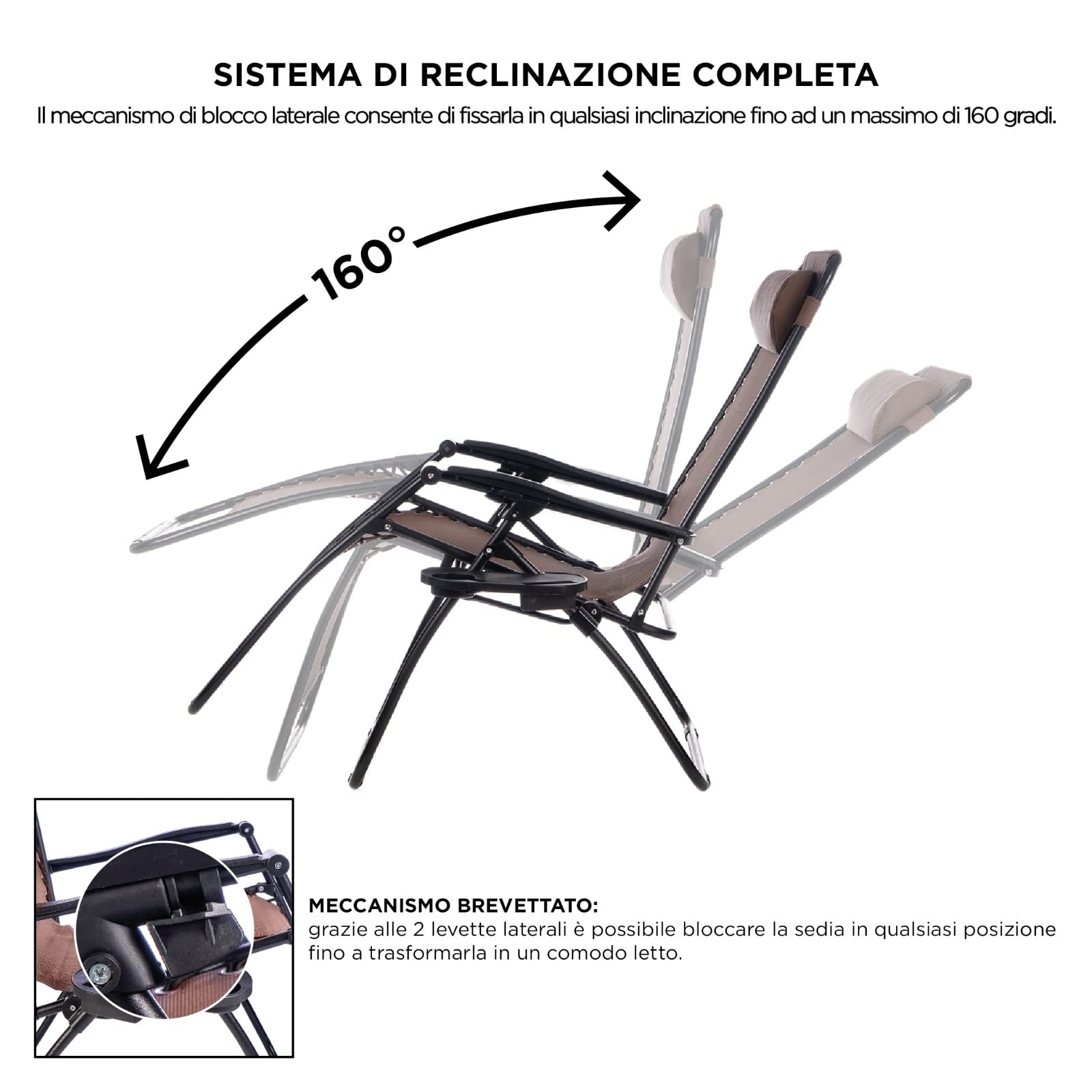 Hortan Poltrona Sdraio Relax Reclinabile Con Cuscino Imbottito, Tavolino Portaoggetti, Seduta In Tessuto Textilene E Struttura in Acciaio Con Tubolare Rinforzato, Per Casa, Terrazzo e Giardino