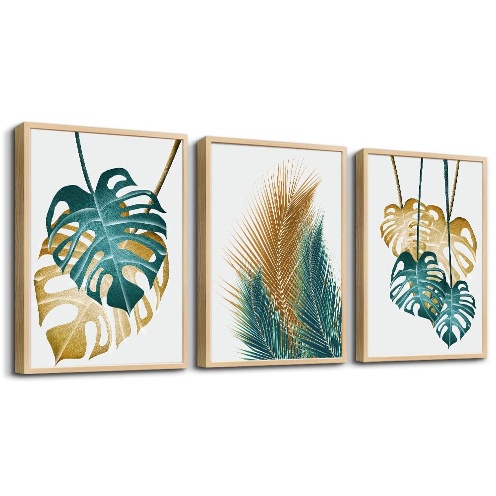 Natural Wood Framed Wall Art For Living Room Wall Decorations For Bedroom Kitchen Wall Decor Dining Room Leaves Painting Abstract Wall Pictures Artwork Bathroom Home Decor 3 Piece Framed Art Prints