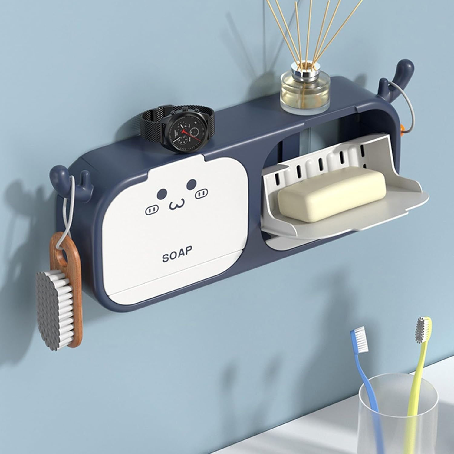 Tyagy Double Soap Holder Box with Flip Top, Wall Mounted Drain Soap Storage Box, Punch Free Flip Laundry Soap Box