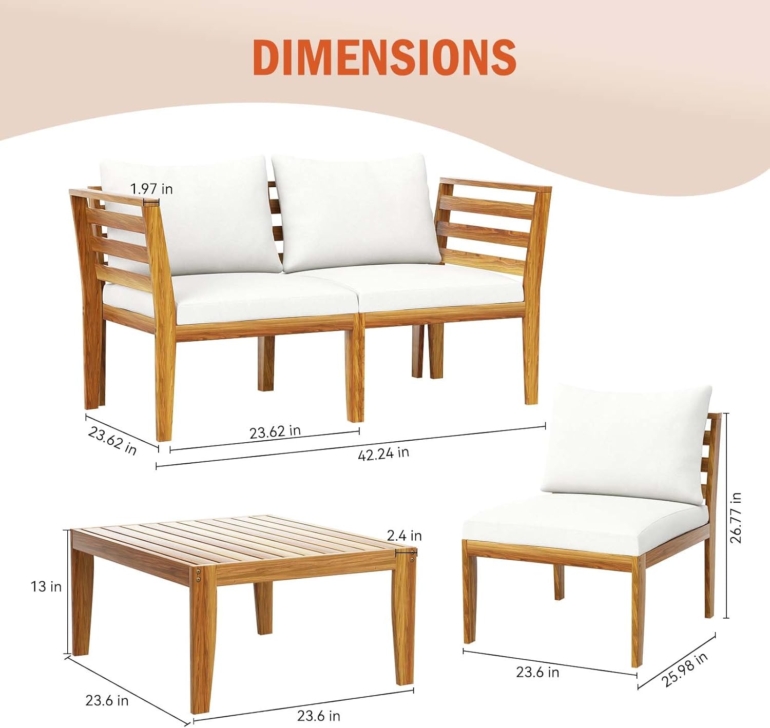 5 Piece Outdoor Patio Furniture Set, Acacia Wood Patio Conversation Sofa Set with Waterproof Cushions, Table & Cushions Porch Chairs for Garden, Deck, Backyard, Natural