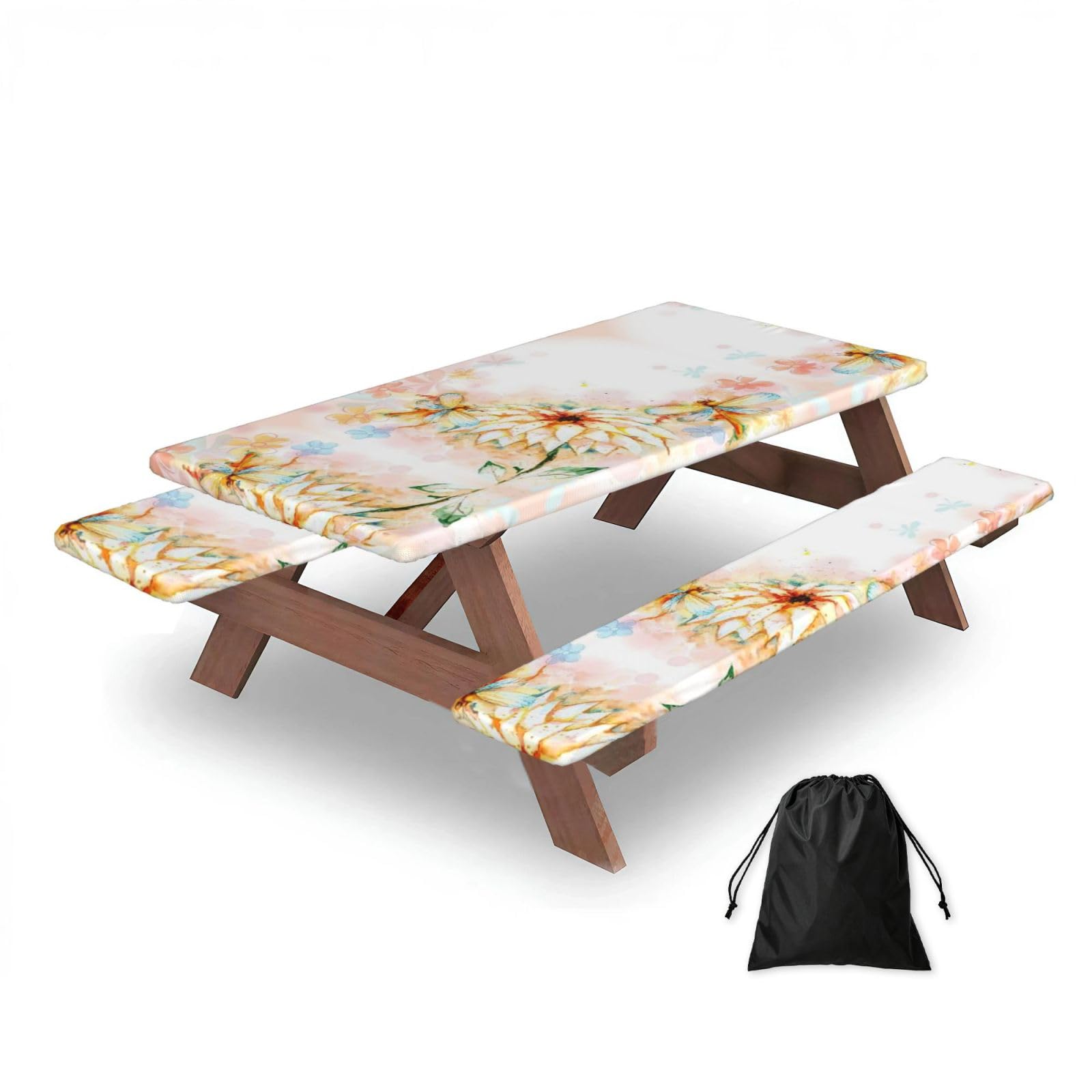 Housse de table de pique-nique élastique lot de 3 avec motif libellules pour extérieur et intérieur