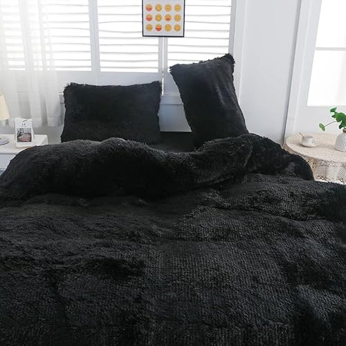 Miniatura 4 de chovy Funda de edredón negra de felpa de pelo sintético tamaño King, juego de cama de 3 piezas, ultra suave, lanudo de franela de terciopelo
