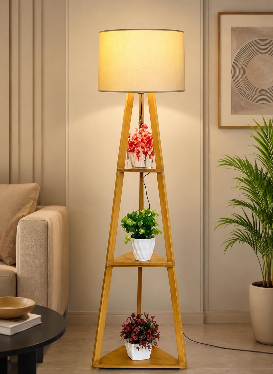 Contemporary Wooden Floor Lamp with Display Shelves & Linen Shade