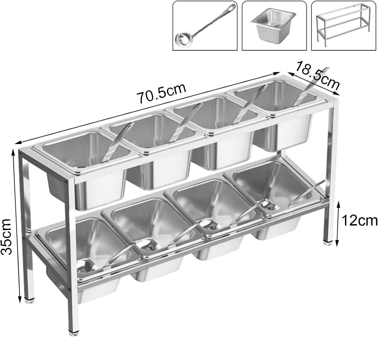 Commercial Spice Rack Set - Condiment Organizer Shelf, Topping Station Dispenser for Kitchen & Buffet, Salad, Jam, & Seasoning Storage - Silver-B, 70.5x18.5x35cm image 2