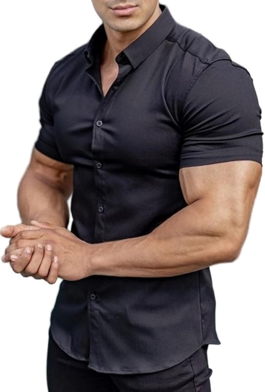 EOUOSSMen’s Muscle Fit Dress Shirts Athletic Slim Fit Short Sleeve Stretch Casual Button Down Shirt