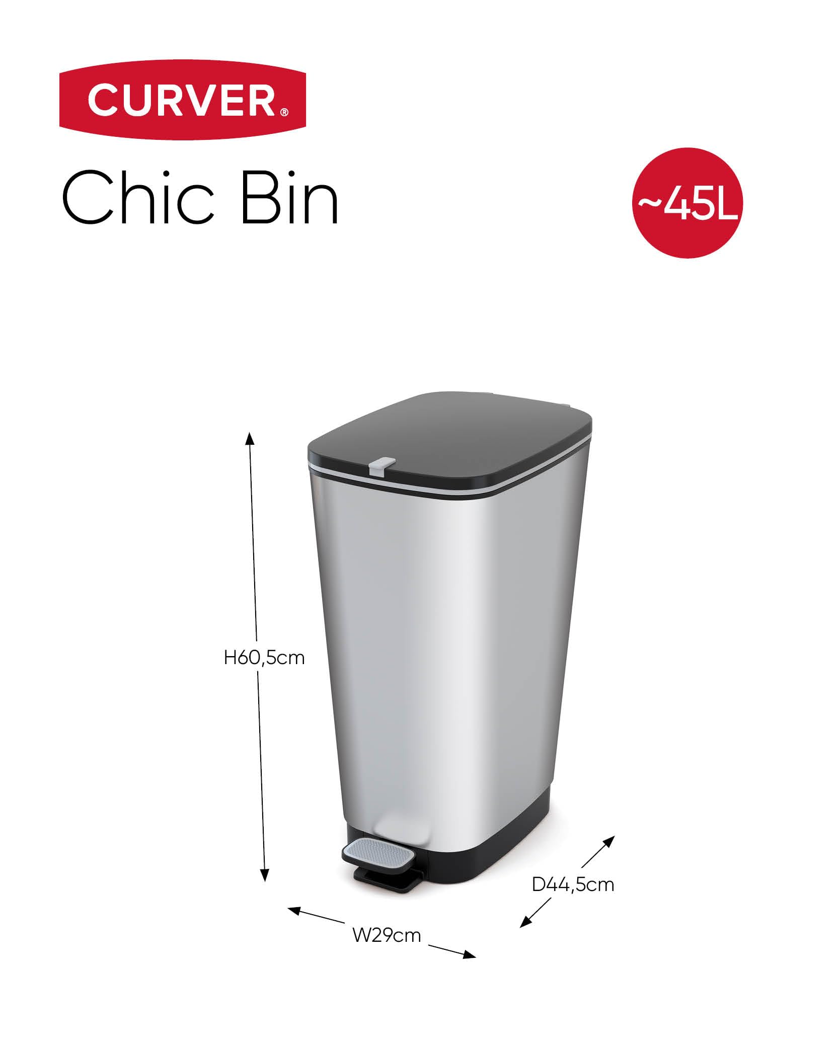 Curver - Cubo de basura Chic Bin con pedal antideslizante 45L, 44,5x 29x 60,5cm, acabado color acero, tapa y aro para bolsa
