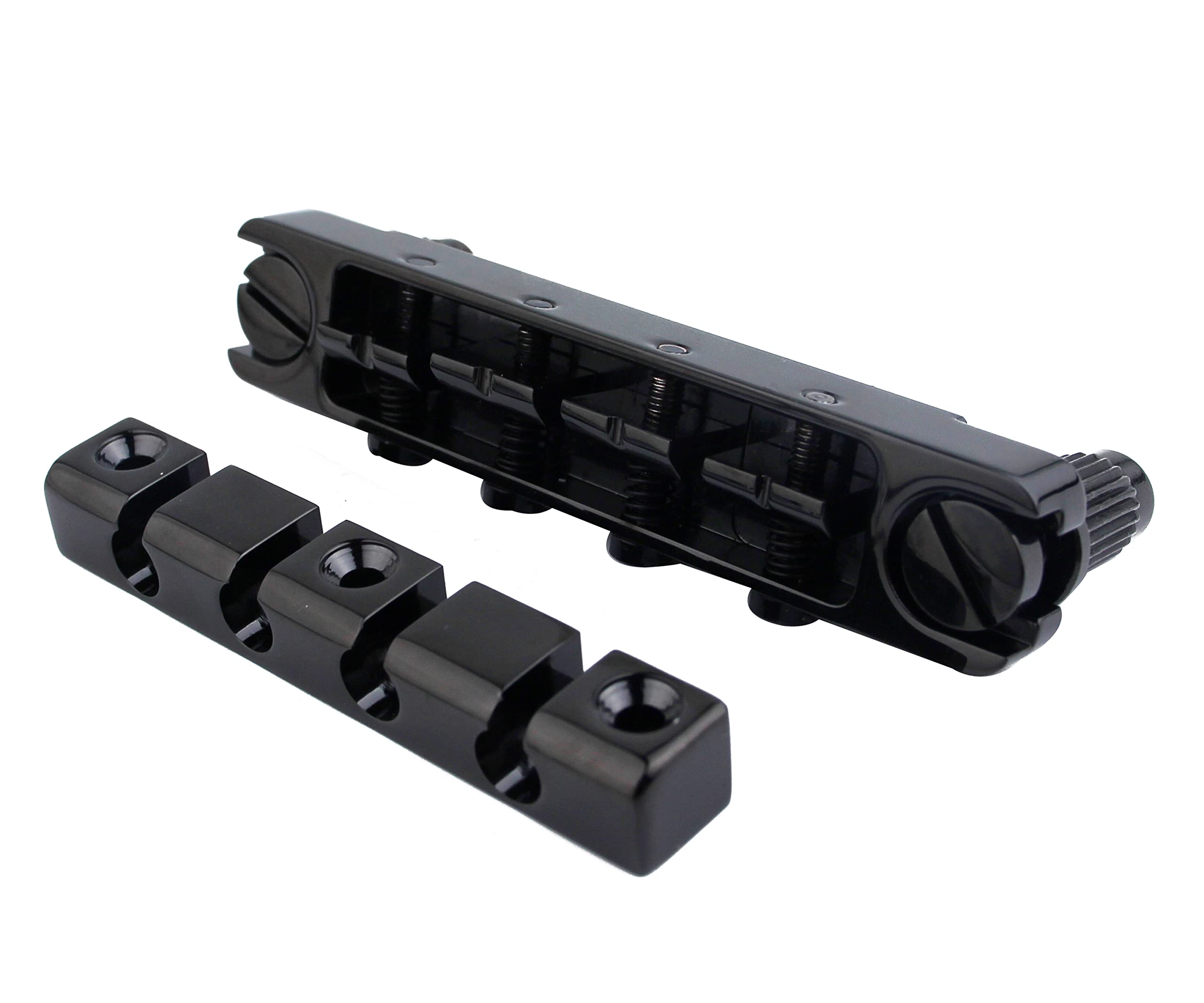 Guyker 4-saitiger High Mass Bass Bridge mit Vintage Steel Stop Bar Saitenhalter CNC-gefräst, schwarz