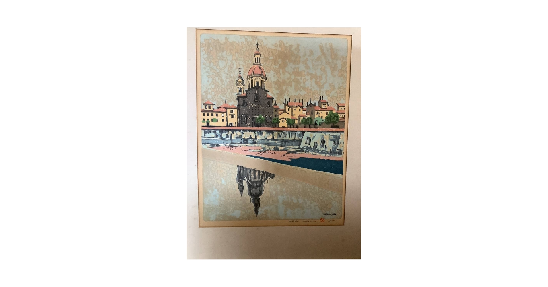 うえだひろし　木版画【　フィレンツェ風景　】　100/17 鉛筆自筆サイン　額装 Amazon.co.jp: うえだ ひろし 木版画 タイトル フイレンツエ