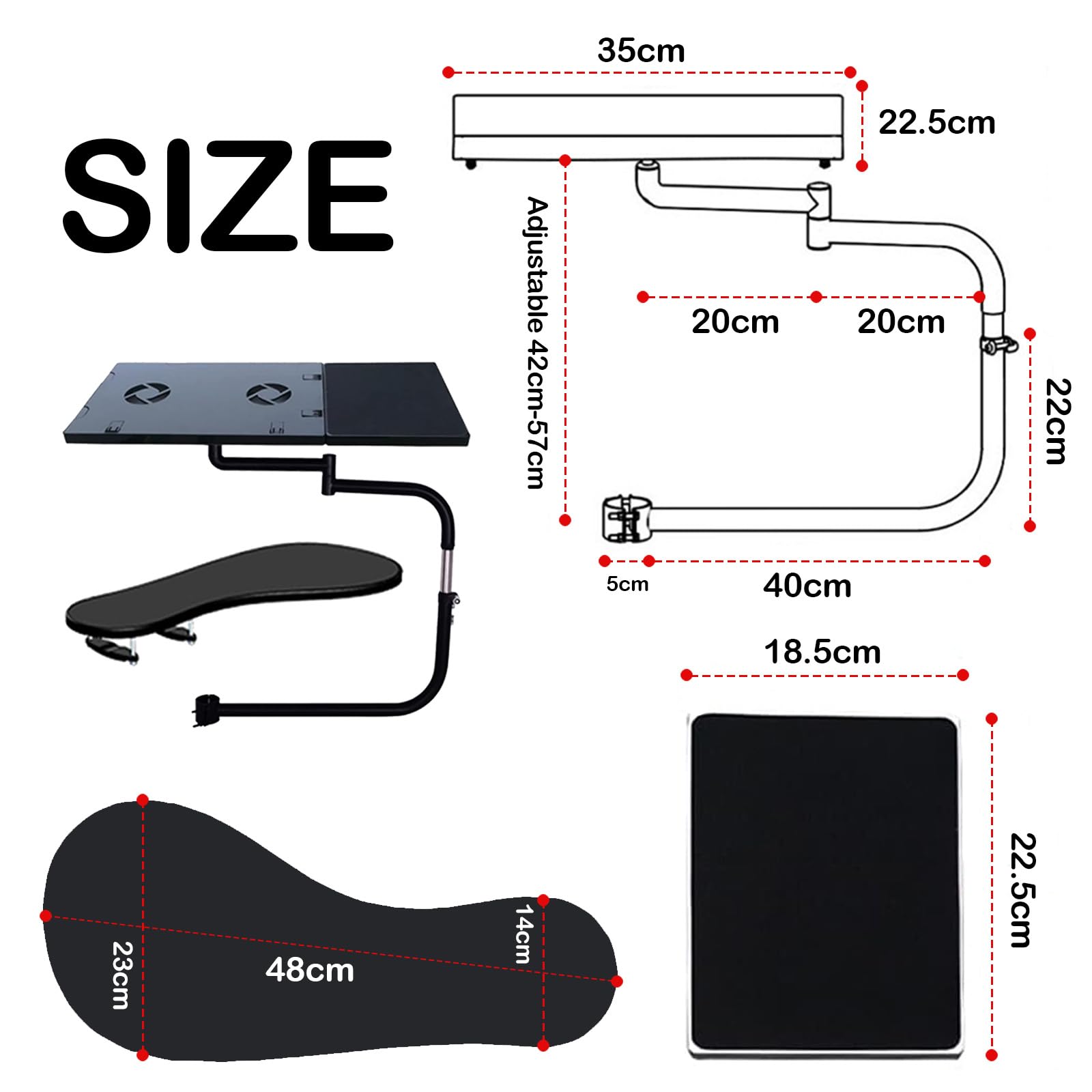 Tastatur Halterung, Tastaturablage Stuhl Klemme Tastatur Halter 360° Verstellbares Tastaturständer mit Mauspad USB Lüfter Rostfreiem Stahl Stuhlschaftklemme Tastaturstütze Fauler Keyboardständer