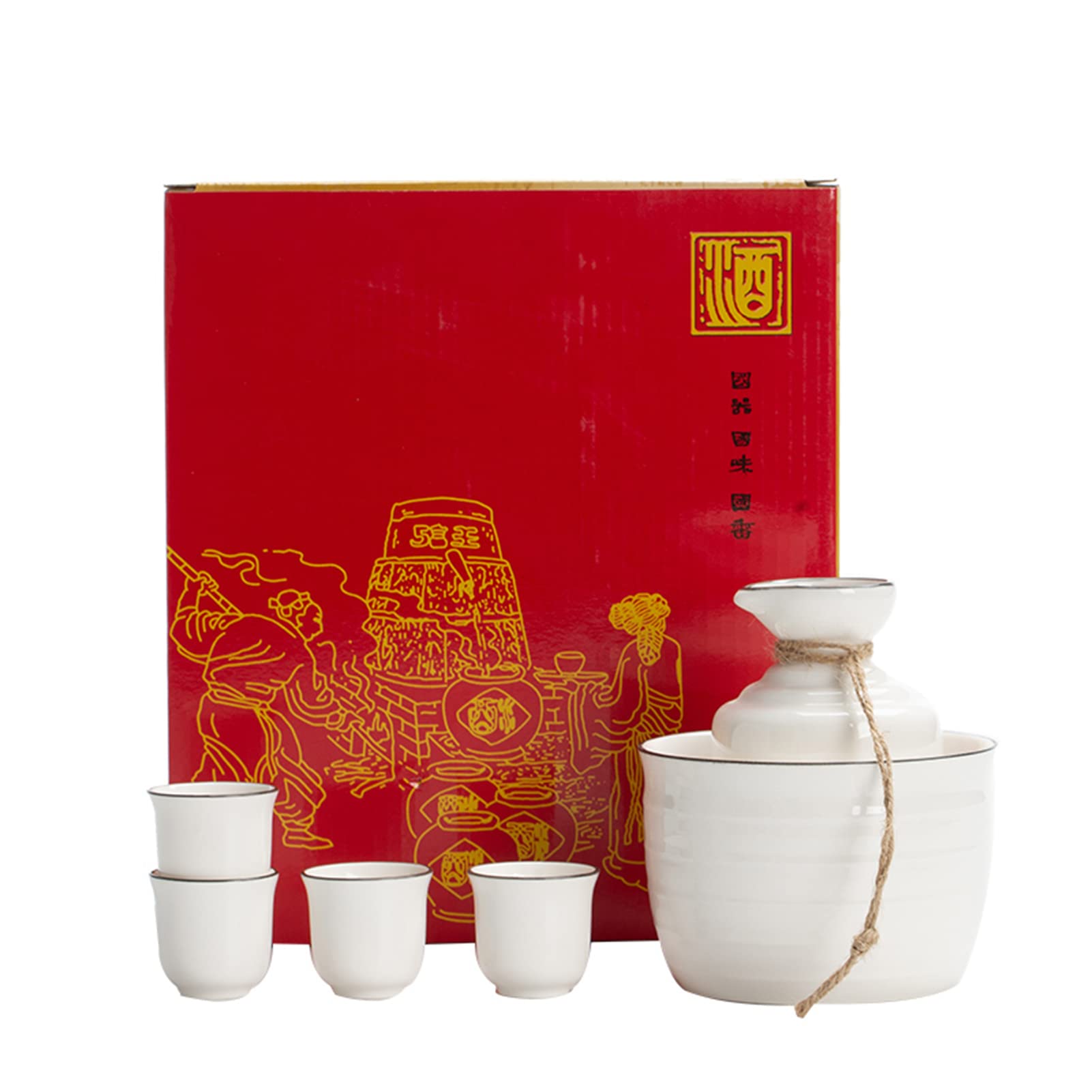 Juego de tazas de sake BOVDEA con olla de sake y calentador de cerámica blanca (6 piezas)