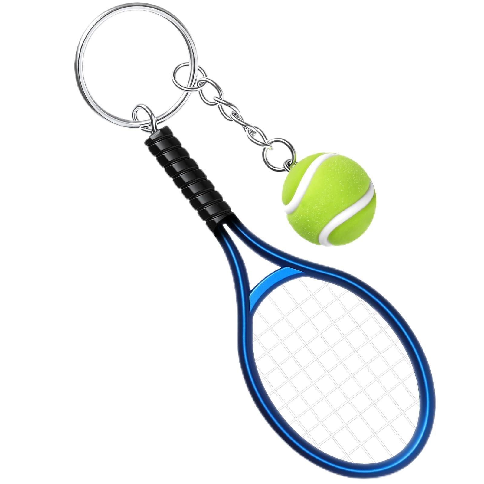 Mini Tennis Racket Keychain for Women Men, 3.6 Inch Cute Blue Tennis Racquet Keyring with 0.77 Inch Plush Tennis Ball, Unique Sporty Pendant Gifts for Tennis Lovers Bag Purse Car Keys Accessories