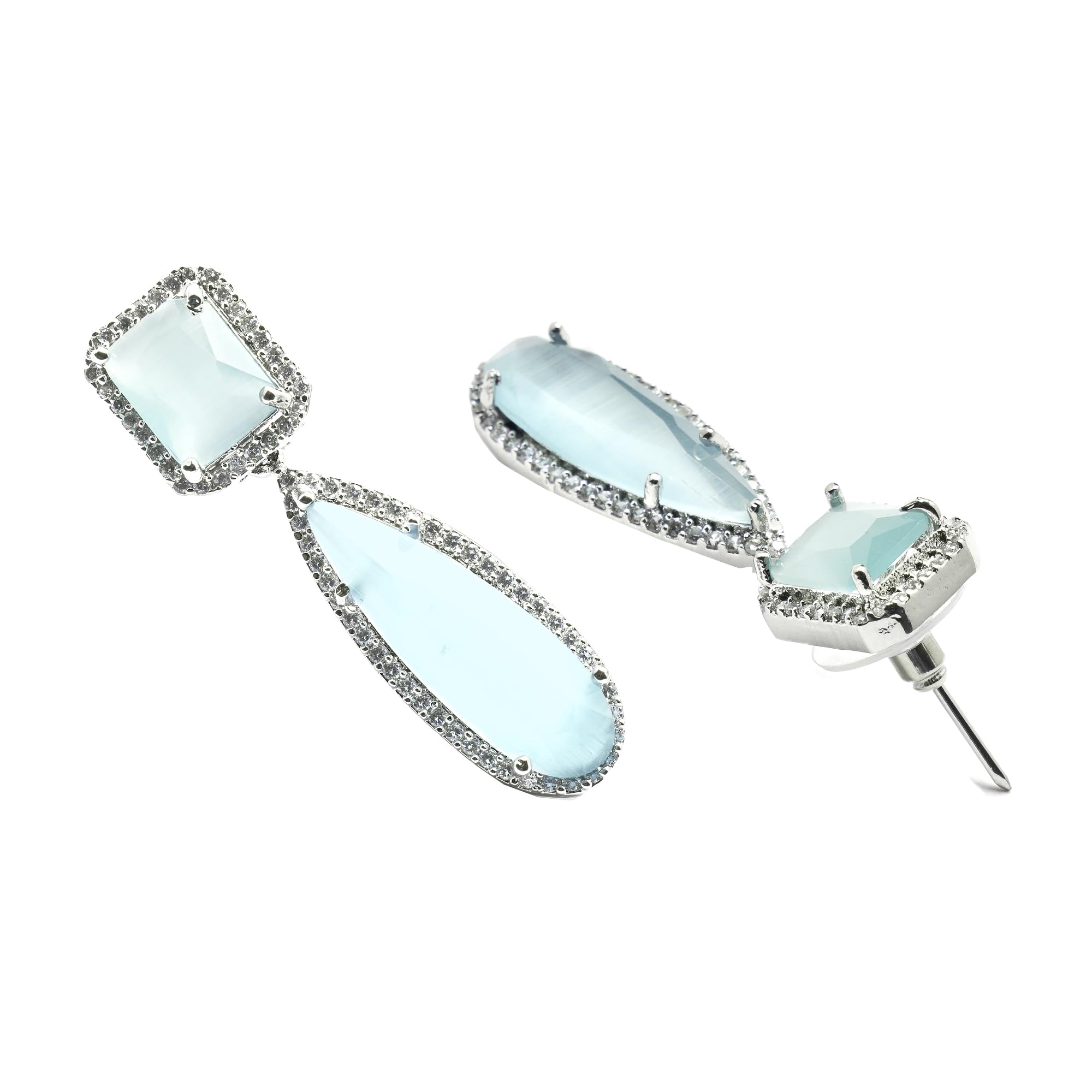 Rhodium-Plated Teardrop Drop Earrings with American Diamond Studs