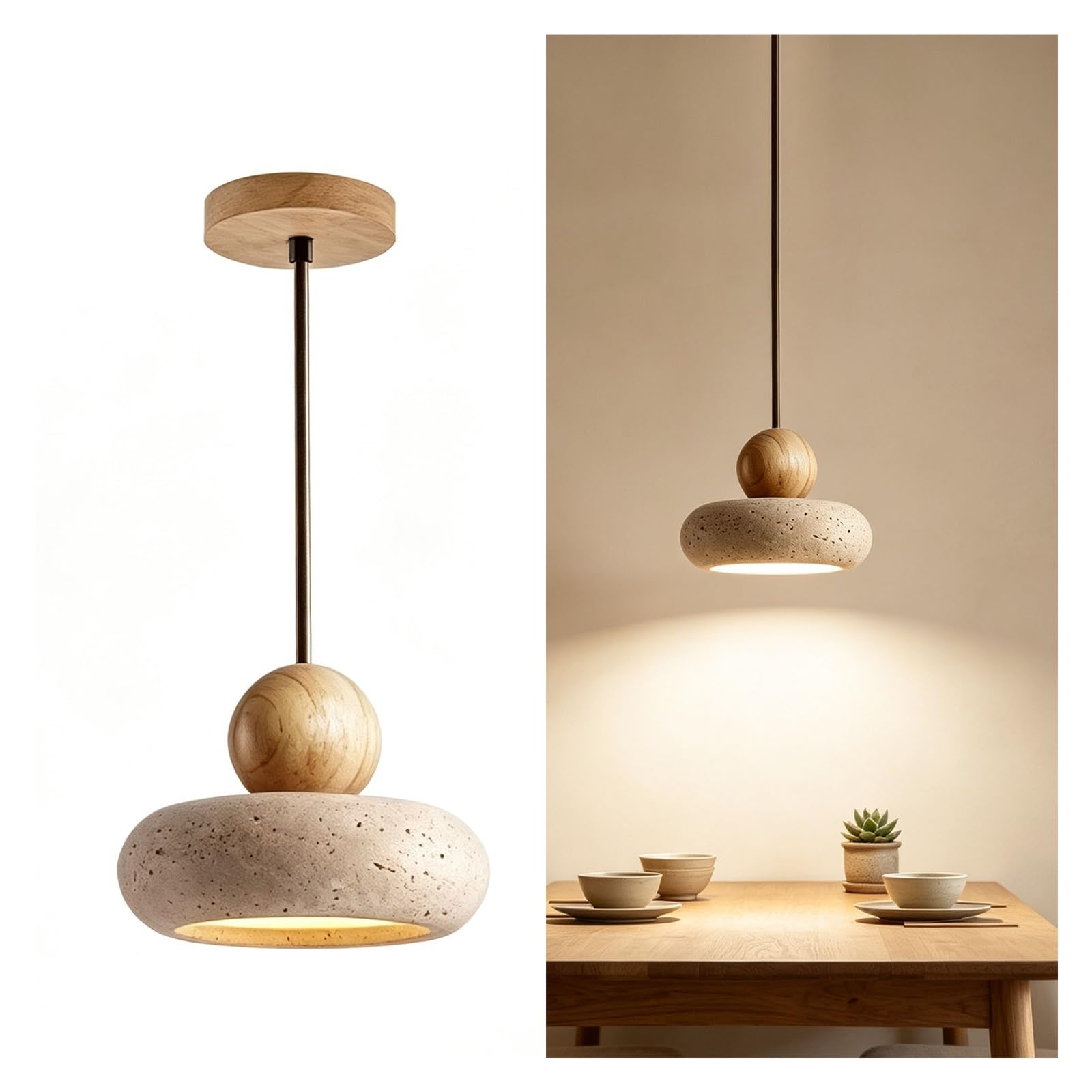 Hängeleuchte im japanischen Stil, rustikale Steinholzlampe for Esszimmer | Handgefertigte Hängevorrichtung mit walnussfarbenen Details for die Inneneinrichtung von Kücheninseln(Warm,Natural)