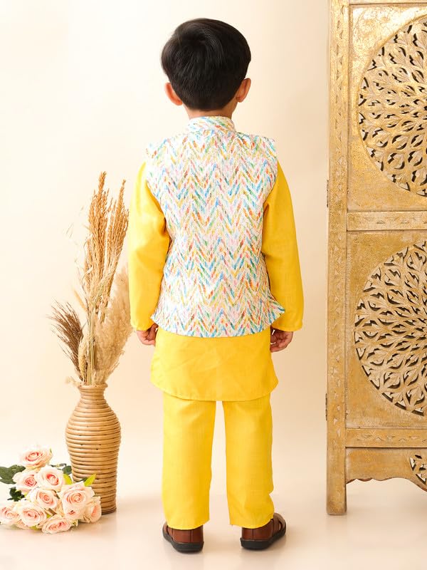 Boys Cotton Printed Gota Work Kurta Pyjama with Jacket Ethnic Wear Set3