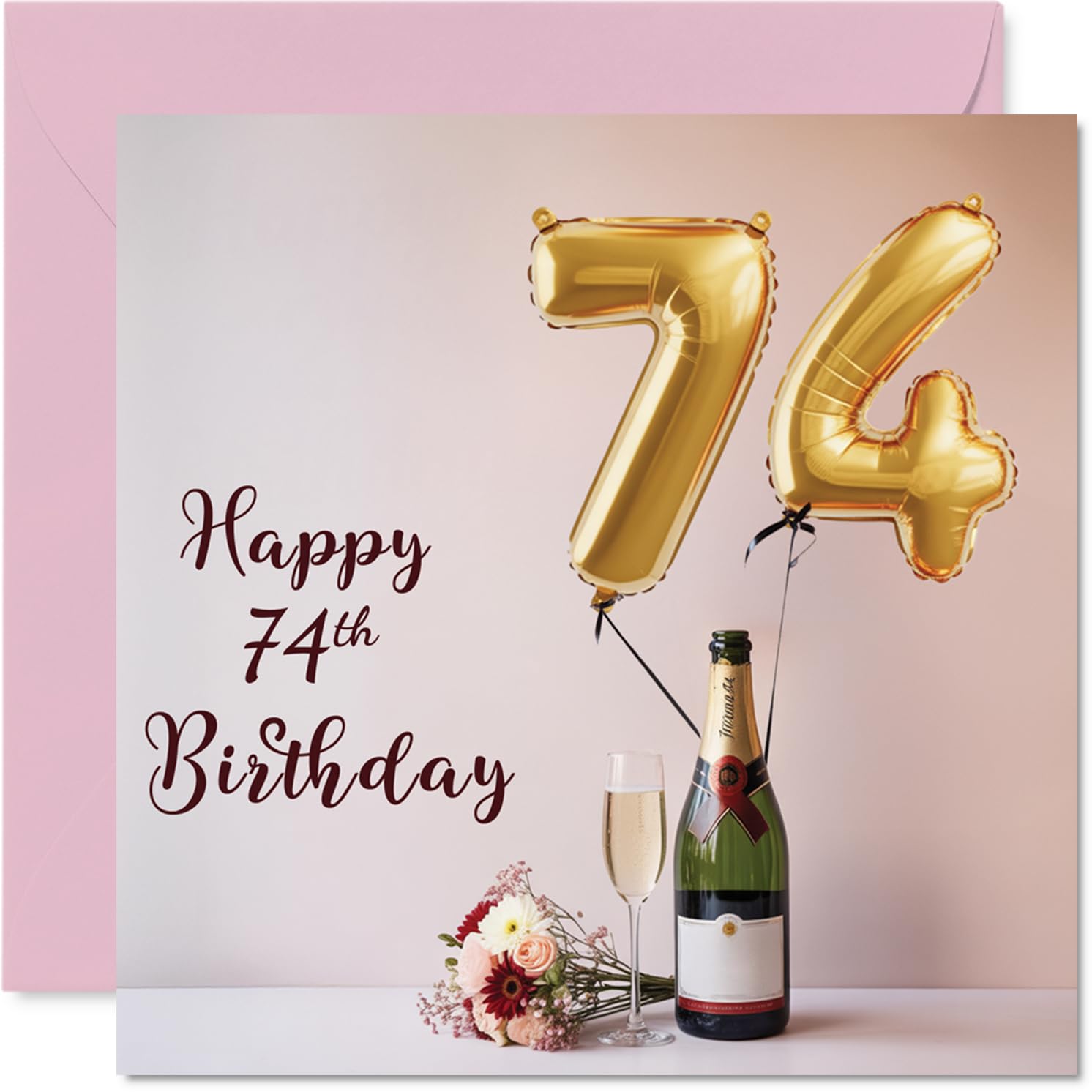 74th Birthday Cards for Women and Men, Balloons & A Bottle of Bubbly