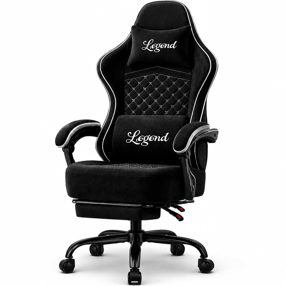 Gaming Stuhl Gamer Sessel - Tech-Stoff, hochdichter Schaum, Taschenfederung, 150 kg, mitlaufende Armlehnen, verstellbare Rückenlehne (90-135°), Fußstütze, Schwarz