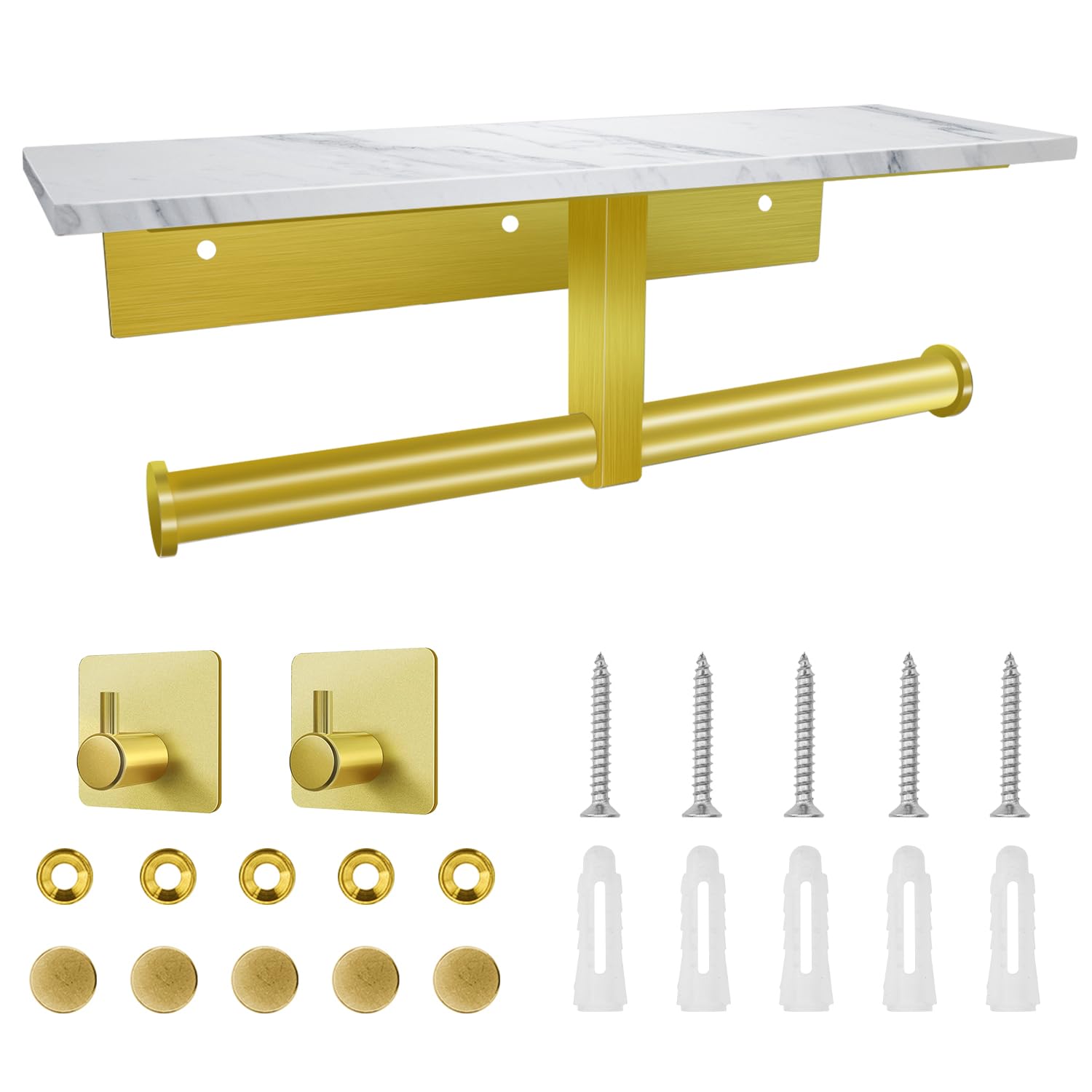 Soporte de papel higiénico con estante, soporte de pared doble para papel higiénico y 2 ganchos adhesivos para baño, soporte de papel higiénico de mármol dorado