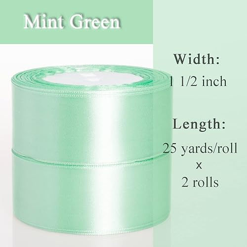 Miniatura 2 de ATRBB Cinta de satén verde menta de 1 12 pulgadas, cinta de tela sólida de 50 yardas para envolver regalos, ramos, bodas y decoración del hogar, 25